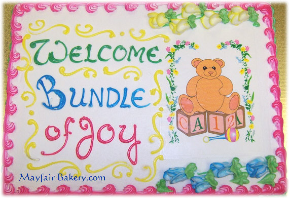 Custom photo cake with bear and blocks image.